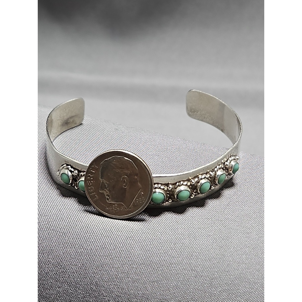 Sterling Petit Point Turquoise Cuff Bracelet 3/8" Vintage Signed MS 925 Mexico - Picture 7 of 8